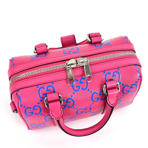 Gucci GG Embossed Duffel Bag Leather Crossbody Fuchsia Pink Blue - Picture 13 of 16